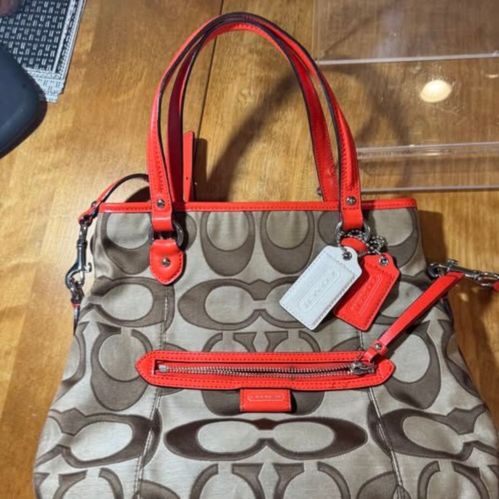 Coach Daisy Crossbody Purse Beige Signature Fabric Persimmon Leather F24064